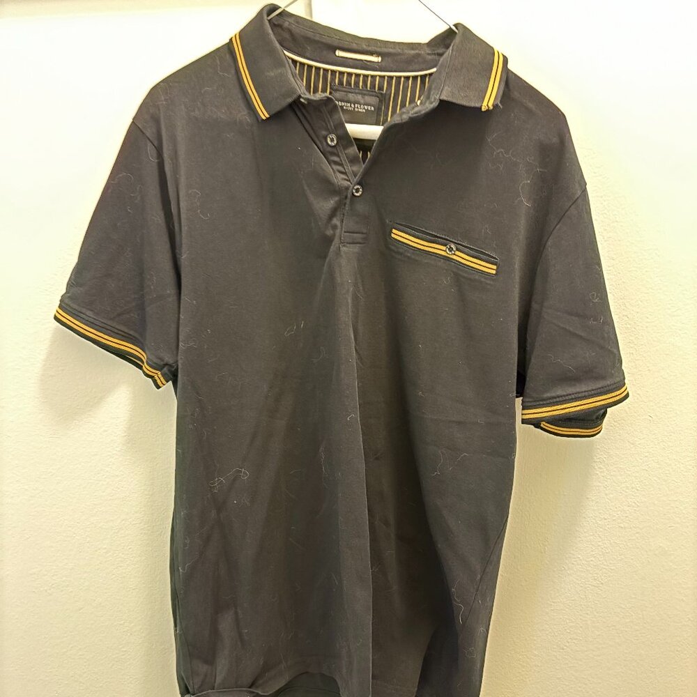 Denim & Flower by Ricky Singh Black Polo Shirt with Gold Trim - Size L